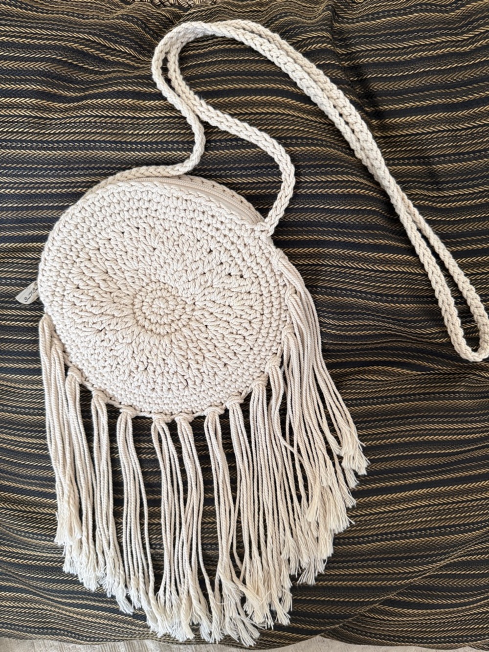 Beige Round Woven Fringe Crossbody Bag - Casual Boho Style